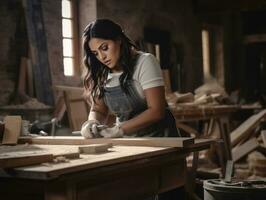 foto tiro di un' naturale donna Lavorando come un' costruzione lavoratore ai generativo