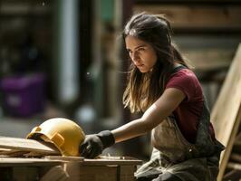 foto tiro di un' naturale donna Lavorando come un' costruzione lavoratore ai generativo