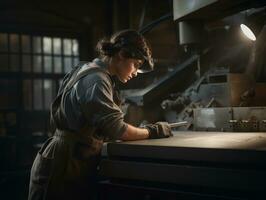 foto tiro di un' naturale donna Lavorando come un' costruzione lavoratore ai generativo