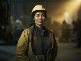 foto tiro di un' naturale donna Lavorando come un' costruzione lavoratore ai generativo