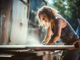 foto tiro di un' naturale donna Lavorando come un' costruzione lavoratore ai generativo