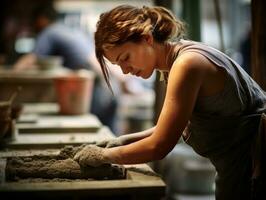 foto tiro di un' naturale donna Lavorando come un' costruzione lavoratore ai generativo