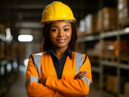 foto tiro di un' naturale donna Lavorando come un' costruzione lavoratore ai generativo