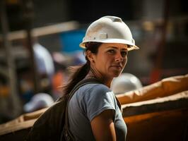 foto tiro di un' naturale donna Lavorando come un' costruzione lavoratore ai generativo