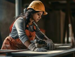 foto tiro di un' naturale donna Lavorando come un' costruzione lavoratore ai generativo