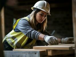 foto tiro di un' naturale donna Lavorando come un' costruzione lavoratore ai generativo