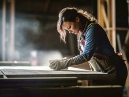 foto tiro di un' naturale donna Lavorando come un' costruzione lavoratore ai generativo