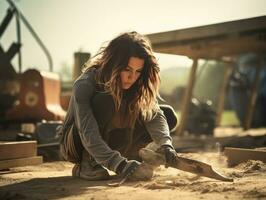 foto tiro di un' naturale donna Lavorando come un' costruzione lavoratore ai generativo