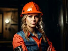 foto tiro di un' naturale donna Lavorando come un' costruzione lavoratore ai generativo