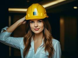 foto tiro di un' naturale donna Lavorando come un' costruzione lavoratore ai generativo