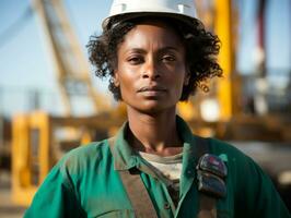 foto tiro di un' naturale donna Lavorando come un' costruzione lavoratore ai generativo