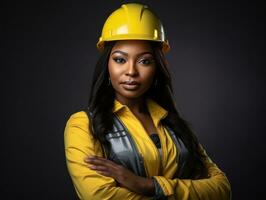 foto tiro di un' naturale donna Lavorando come un' costruzione lavoratore ai generativo