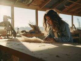 foto tiro di un' naturale donna Lavorando come un' costruzione lavoratore ai generativo