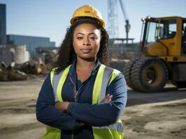 foto tiro di un' naturale donna Lavorando come un' costruzione lavoratore ai generativo