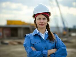 foto tiro di un' naturale donna Lavorando come un' costruzione lavoratore ai generativo