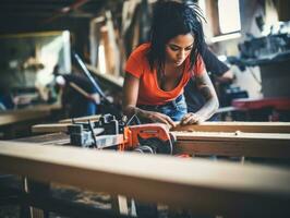 foto tiro di un' naturale donna Lavorando come un' costruzione lavoratore ai generativo