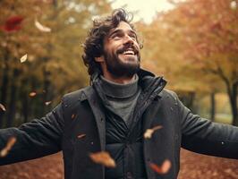 foto di emotivo dinamico posa brasiliano uomo nel autunno ai generativo