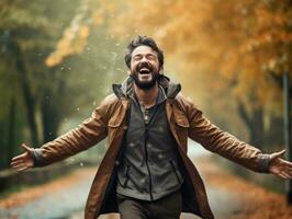 foto di emotivo dinamico posa brasiliano uomo nel autunno ai generativo