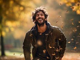 foto di emotivo dinamico posa brasiliano uomo nel autunno ai generativo