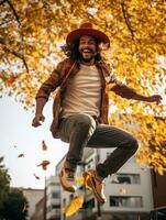 foto di emotivo dinamico posa brasiliano uomo nel autunno ai generativo