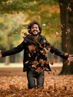 foto di emotivo dinamico posa brasiliano uomo nel autunno ai generativo