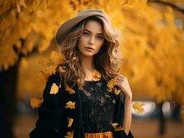 europeo donna nel emotivo dinamico posa su autunno sfondo ai generativo foto