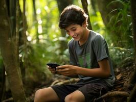 adolescente a partire dal Colombia utilizzando un' smartphone per giocando Giochi ai generativo foto