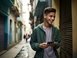 adolescente a partire dal Colombia utilizzando un' smartphone per giocando Giochi ai generativo foto