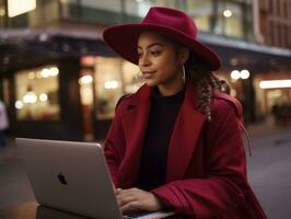 donna a partire dal Colombia Lavorando su un' il computer portatile nel un' vivace urbano ambientazione ai generativo foto