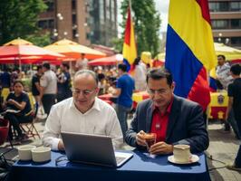 colombiano uomo Lavorando su un' il computer portatile nel un' vivace urbano ambientazione ai generativo foto