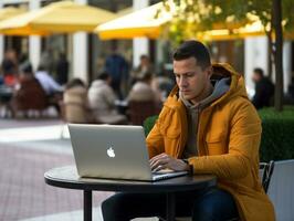colombiano uomo Lavorando su un' il computer portatile nel un' vivace urbano ambientazione ai generativo foto