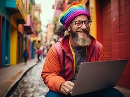 colombiano uomo Lavorando su un' il computer portatile nel un' vivace urbano ambientazione ai generativo foto