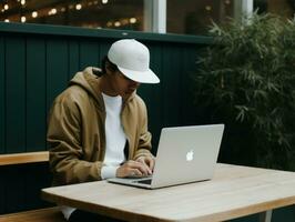 colombiano uomo Lavorando su un' il computer portatile nel un' vivace urbano ambientazione ai generativo foto