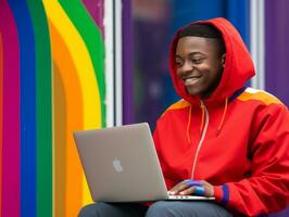 colombiano adolescente Lavorando su un' il computer portatile nel un' vivace urbano ambientazione ai generativo foto