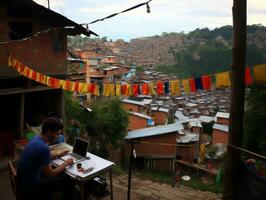 colombiano adolescente Lavorando su un' il computer portatile nel un' vivace urbano ambientazione ai generativo foto