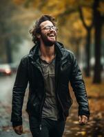 europeo uomo nel emotivo dinamico posa su autunno sfondo ai generativo foto
