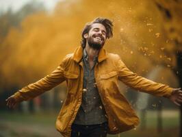 europeo uomo nel emotivo dinamico posa su autunno sfondo ai generativo foto