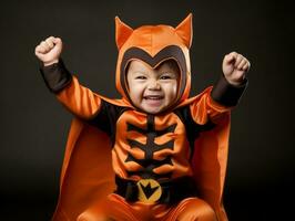 ragazzo nel un' Halloween costume con un' giocoso posa ai generativo foto