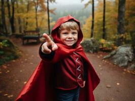 ragazzo nel un' Halloween costume con un' giocoso posa ai generativo foto