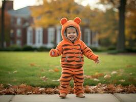 ragazzo nel un' Halloween costume con un' giocoso posa ai generativo foto