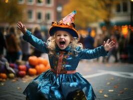 ragazzo nel un' Halloween costume con un' giocoso posa ai generativo foto