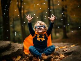 ragazzo nel un' Halloween costume con un' giocoso posa ai generativo foto