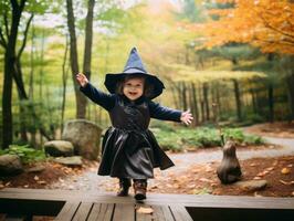 ragazzo nel un' Halloween costume con un' giocoso posa ai generativo foto