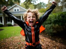 ragazzo nel un' Halloween costume con un' giocoso posa ai generativo foto