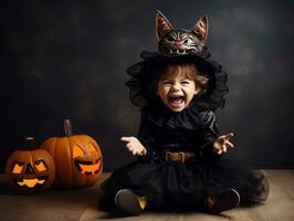 ragazzo nel un' Halloween costume con un' giocoso posa ai generativo foto