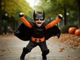 ragazzo nel un' Halloween costume con un' giocoso posa ai generativo foto