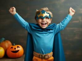 ragazzo nel un' Halloween costume con un' giocoso posa ai generativo foto