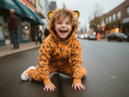 ragazzo nel un' Halloween costume con un' giocoso posa ai generativo foto