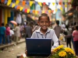 colombiano ragazzo Lavorando su un' il computer portatile nel un' vivace urbano ambientazione ai generativo foto