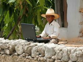 colombiano ragazzo Lavorando su un' il computer portatile nel un' vivace urbano ambientazione ai generativo foto